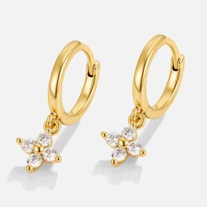 Dainty Crystal Flower Charm Hoop Earrings in Gold